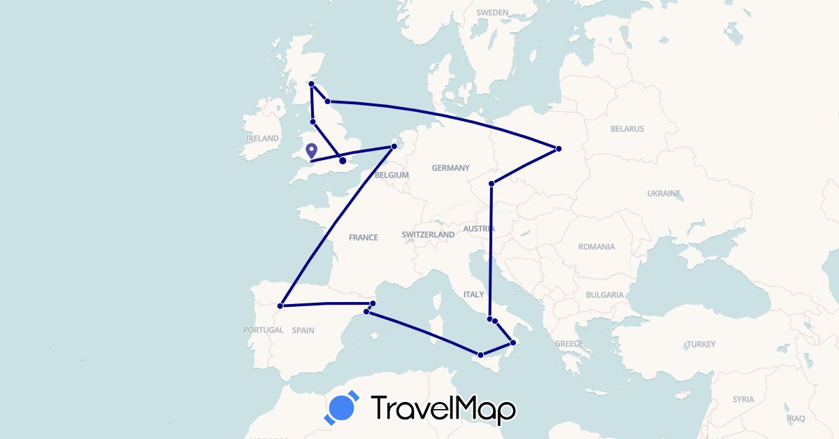 TravelMap itinerary: driving in Czech Republic, Spain, United Kingdom, Italy, Netherlands, Poland (Europe)